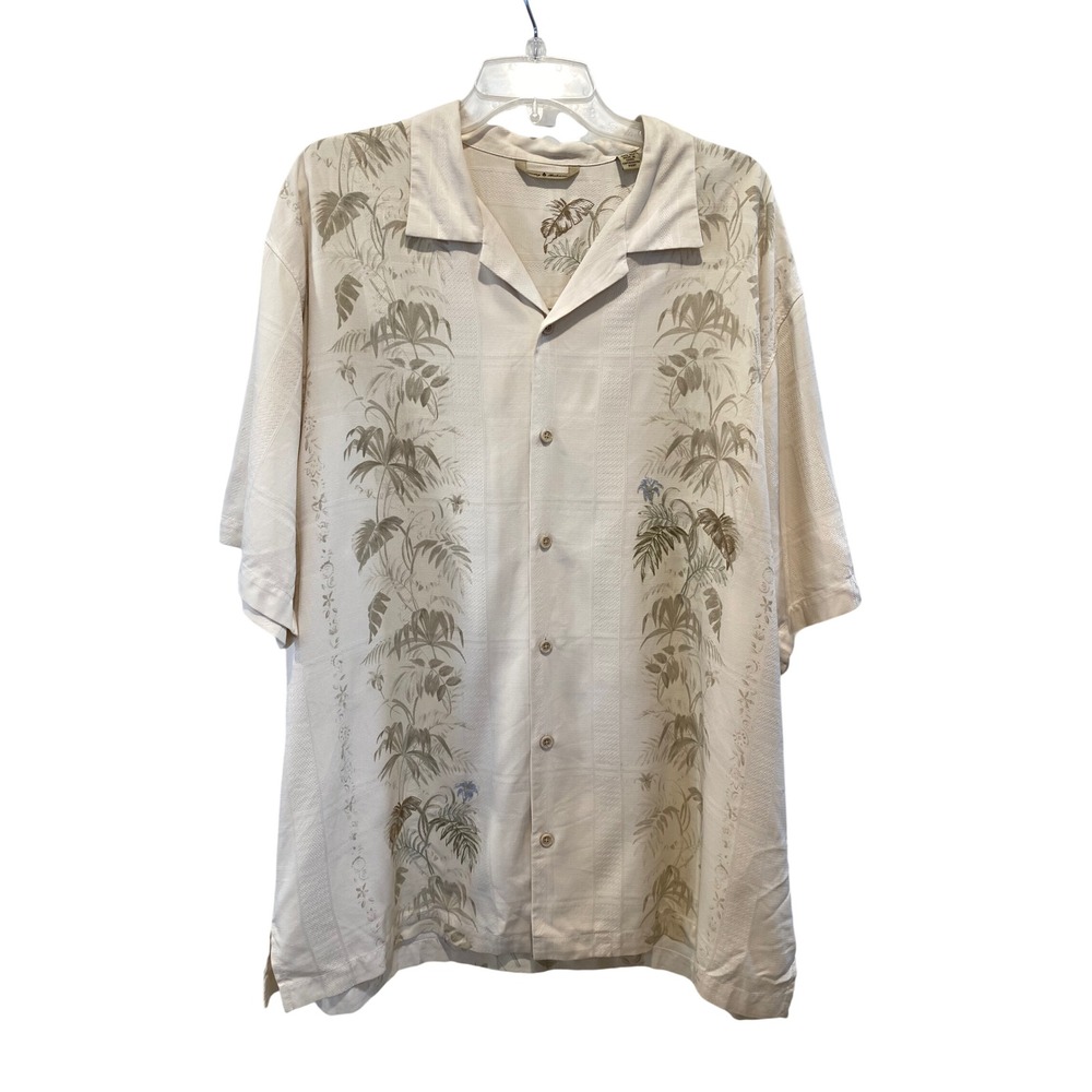 Tommy Bahama Mens XL Silk Camp Shirt Cream Palm Print Jacquard Button Up